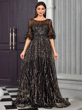 Mgiacy Round Neck Half-See-Through Glitter Puff Sleeve Maxi Dress